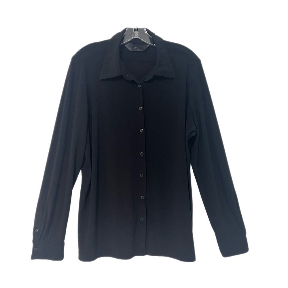 Norma Kamali Women XL Black Long Sleeve Button Down Blouse Shirt Stretch Career
